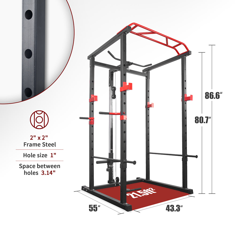 Power rack dimensions and features showing pull-up bar and adjustable safety system
