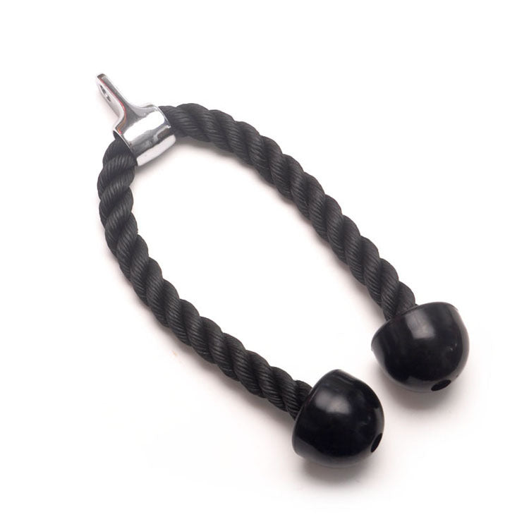 Black tricep rope cable attachment with rubber end grips on dark textured background for home gym strength training