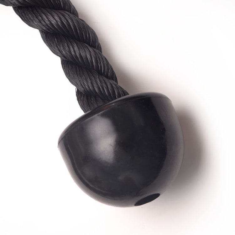Black tricep rope cable attachment with rubber end grips on dark textured background for home gym strength training