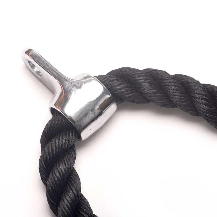 Black tricep rope cable attachment with rubber end grips on dark textured background for home gym strength training