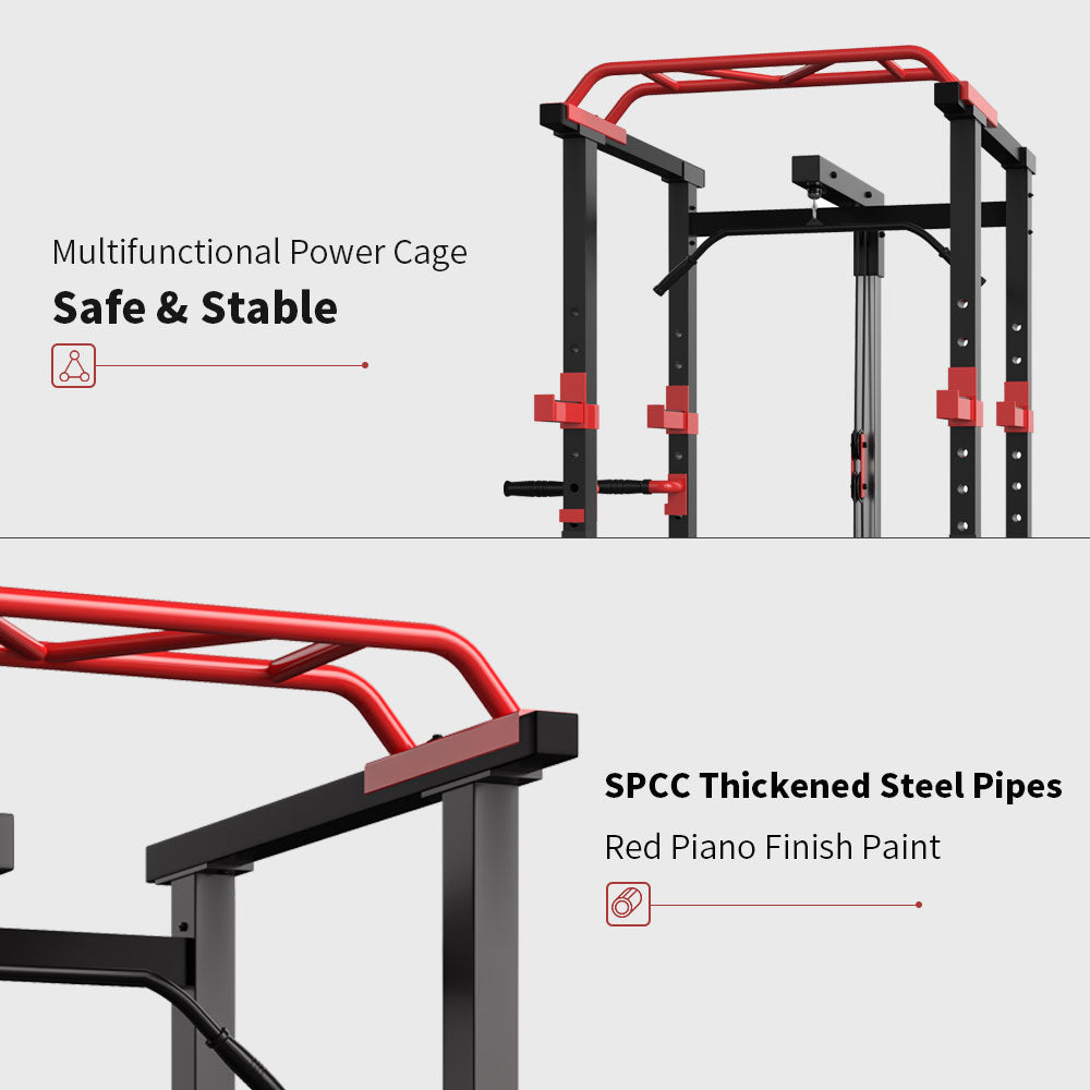 Heavy duty steel power rack construction with adjustable safety bars for home gym
