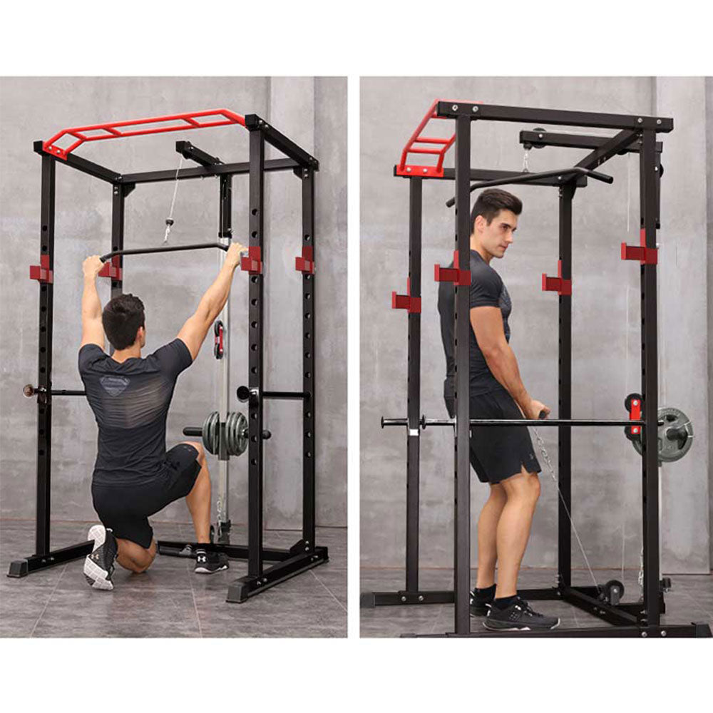 Home gym power rack in use for squats and upper body strength training
