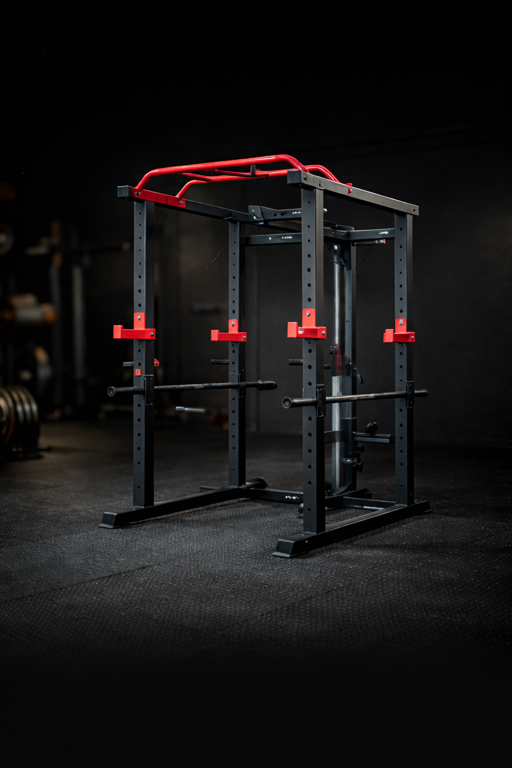 Home gym power rack with pull-up bar and red accents for strength training and squat workouts
