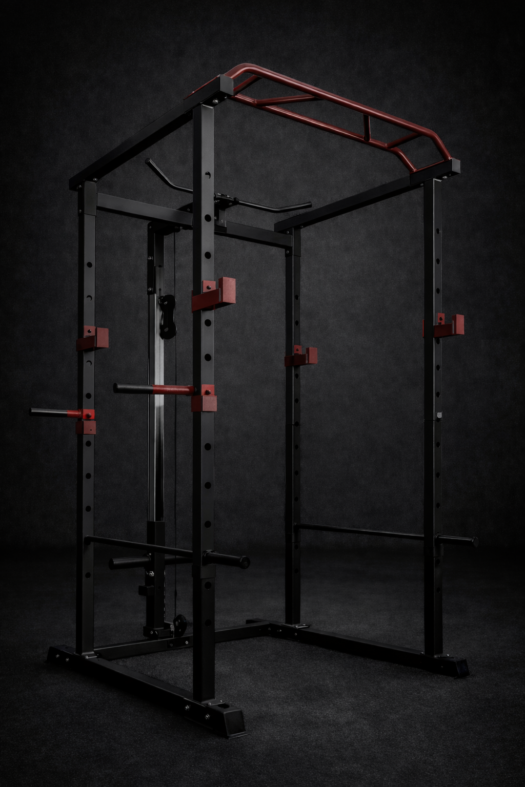 Commercial grade power rack with pull up bar and safety arms for home gym
