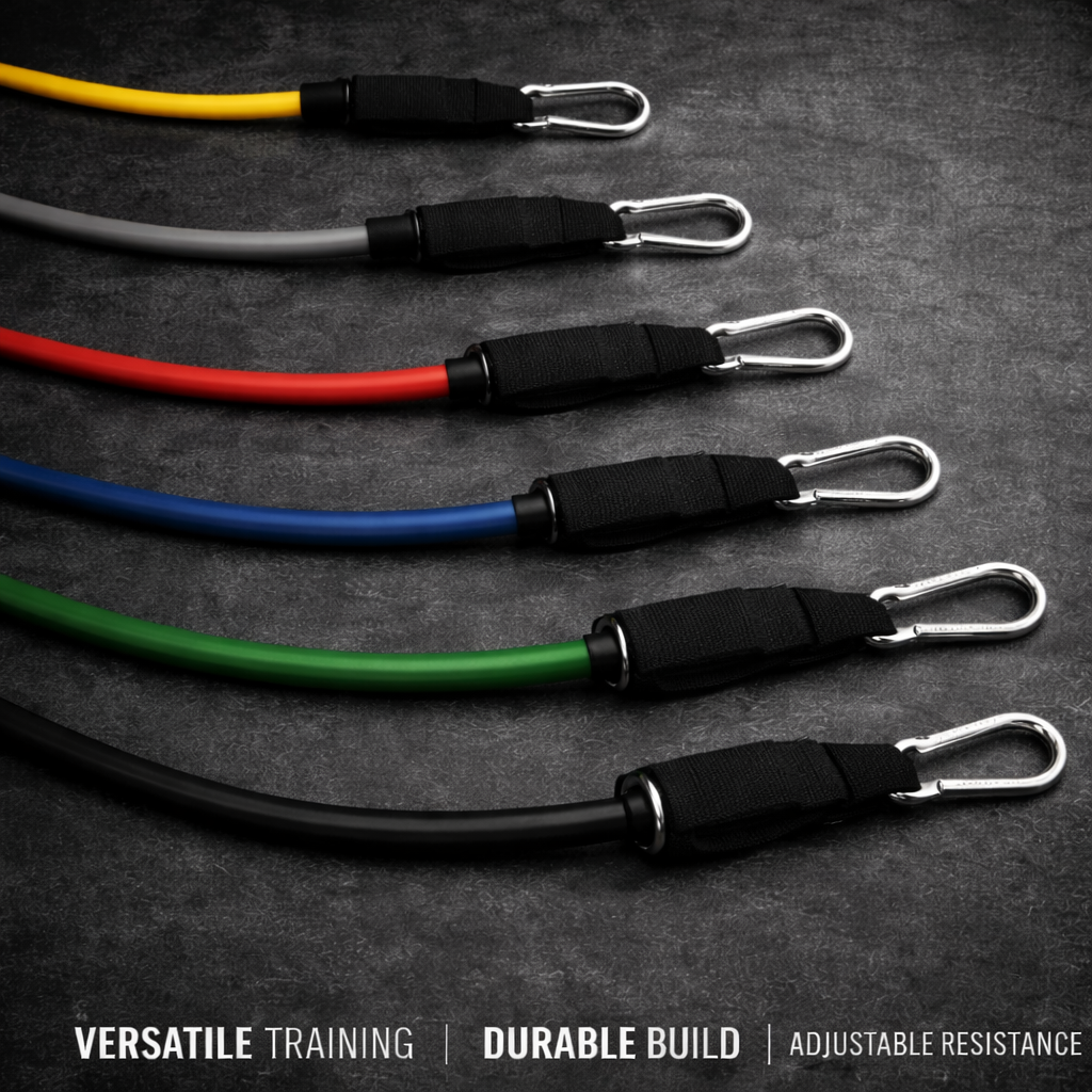 Set of resistance bands in various colors on a dark background