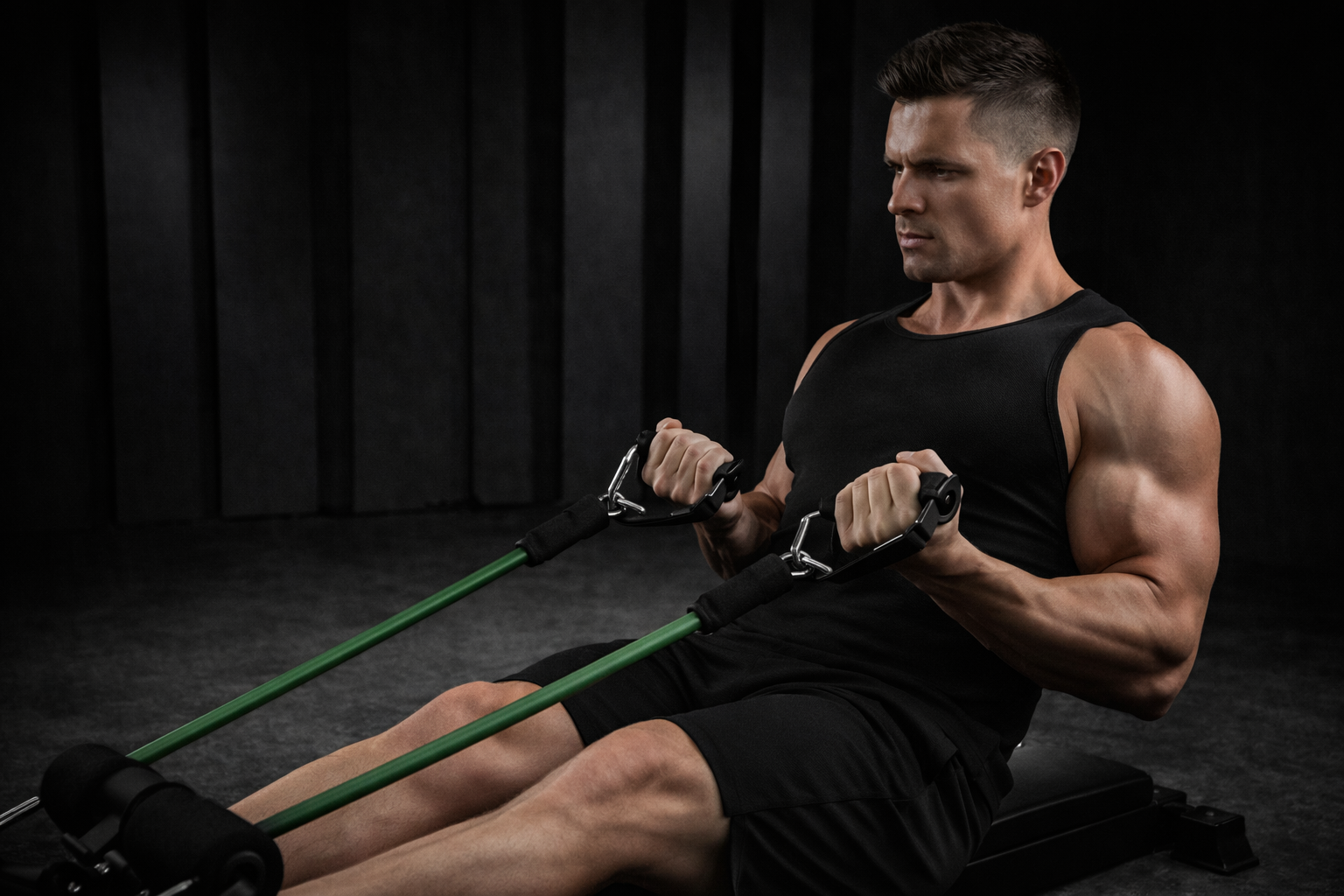 Man exercising with resistance bands in a dark room