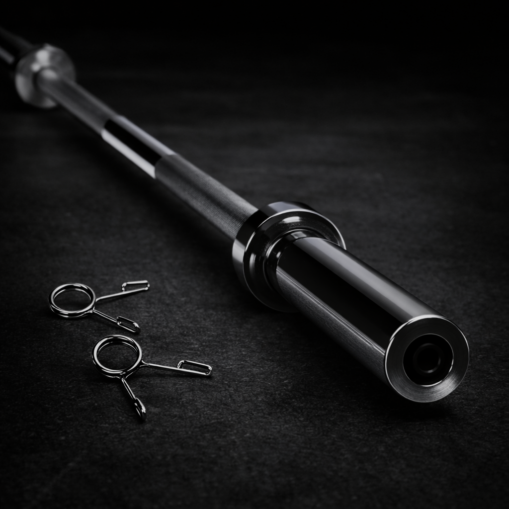 Black metal barbell on a dark surface with three keys.