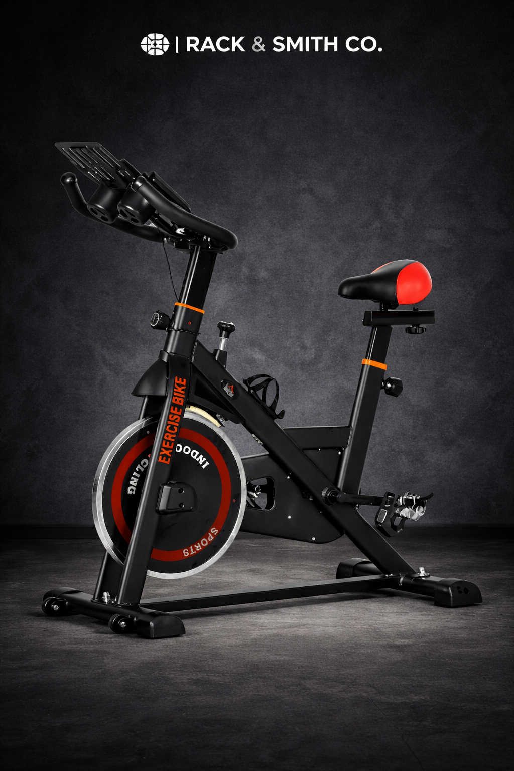 Exercise bike with red accents on a dark background, featuring the brand 'Rack & Smith Co.'
