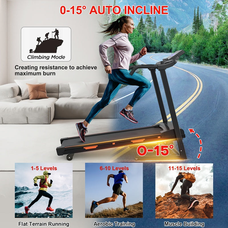 Foldable motorized treadmill with auto incline for home gym cardio workouts