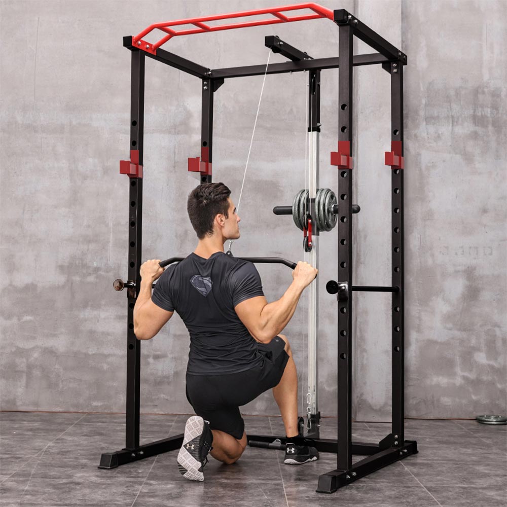 Home gym power rack in use for squats and upper body strength training
