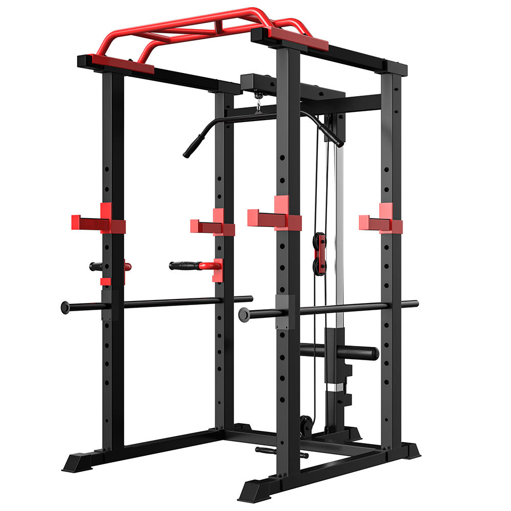 Commercial grade home gym power rack with adjustable J hooks and pull-up bar
