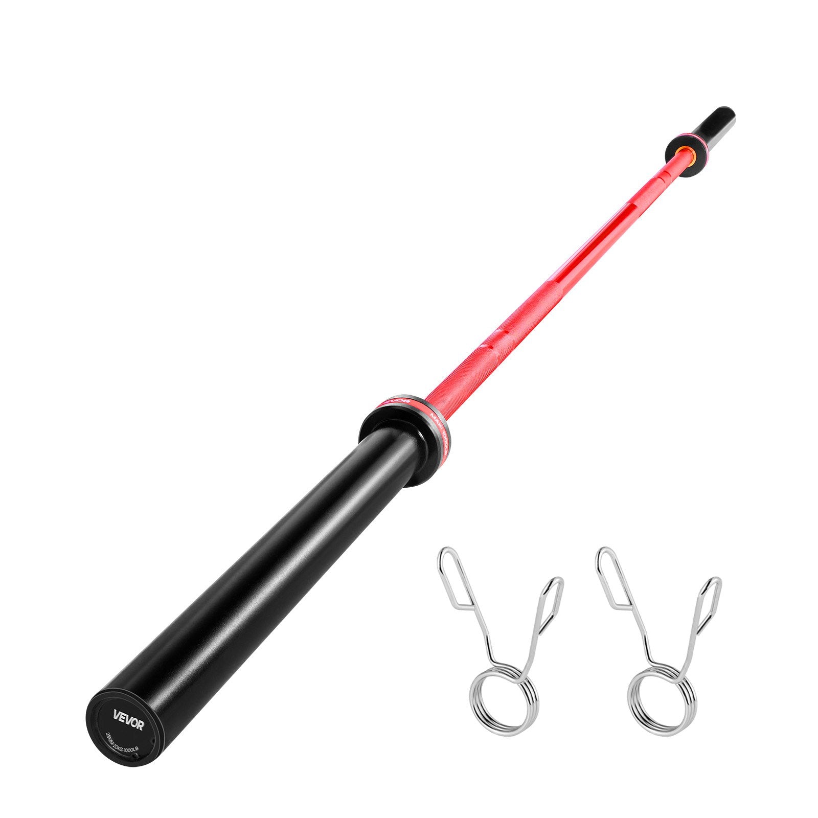 Black and red rod with two silver clips on a white background